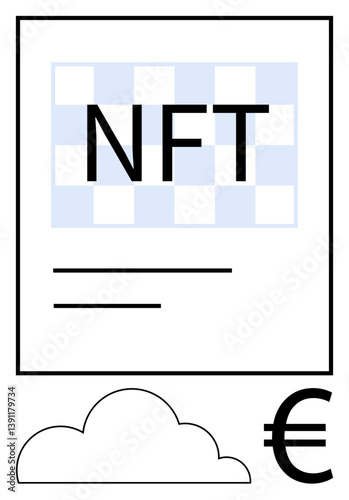 Digital NFT certificate with checkered design, euro currency symbol and cloud icon symbolizing blockchain, digital ownership, and investment. Ideal for blockchain, NFT, cryptocurrency, digital trade