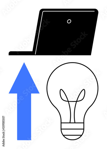 Minimalist design featuring laptop, blue upward arrow, and lightbulb. Ideal for innovation, growth, technology, progress, creativity business success and brainstorming. Flat simple metaphor