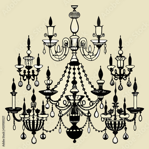 an assortment of ornate chandeliers