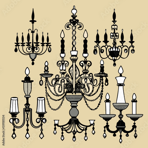 an assortment of ornate chandeliers