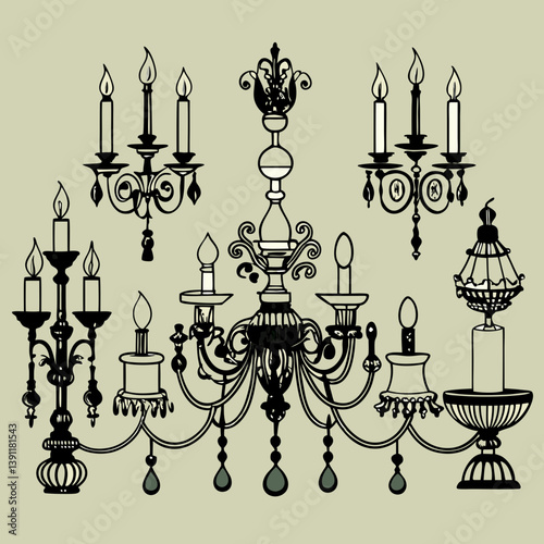 an assortment of ornate chandeliers