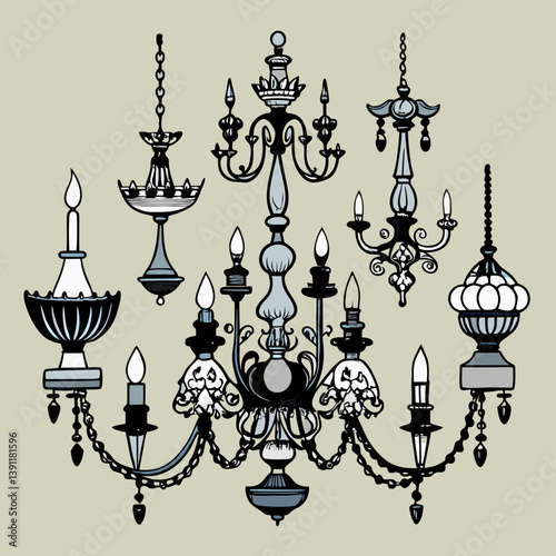 an assortment of ornate chandeliers