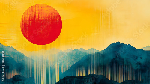 A stylized artwork showing sun mountains and a vibrant sky