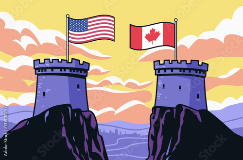 USA Canada trade war concept illustration depicting two castle towers with flags against a dramatic sky symbolizing tariffs conflict