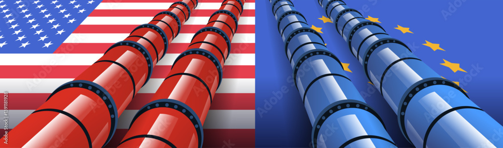 Obraz premium Trade war USA EU pipelines concept illustration. Red and blue pipelines on American and European Union flag backgrounds symbolizing economic conflict