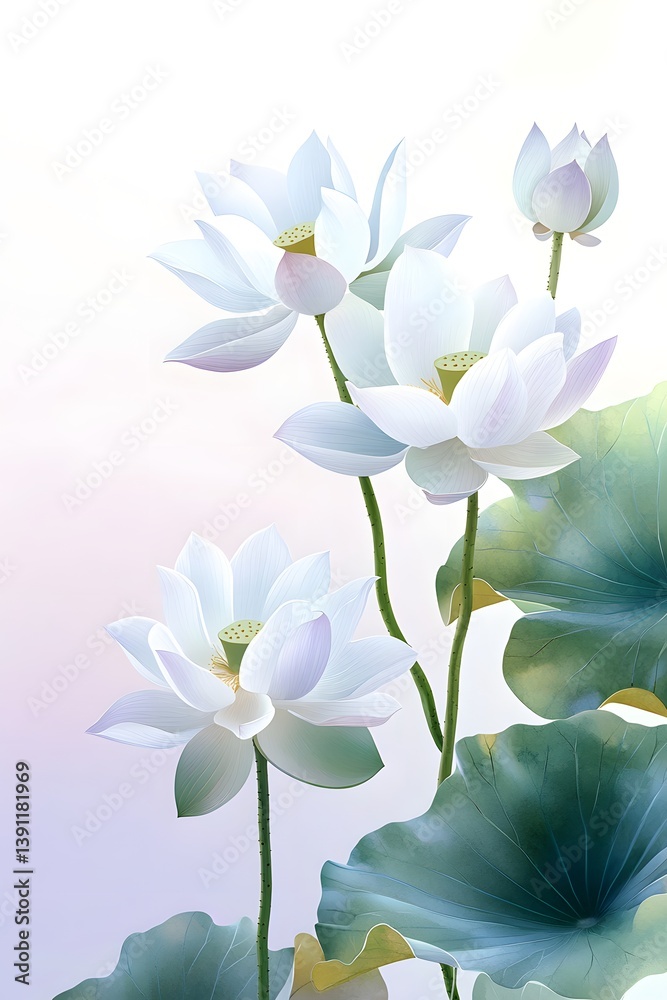 Naklejka premium Delicate white lotus blossoms in soft pastel colors