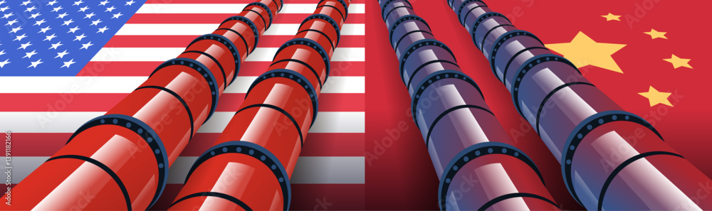 Obraz premium Trade war pipelines USA China flags. Concept of tariffs war with pipelines over USA and China flags depicting economic tension. Vibrant colors digital art