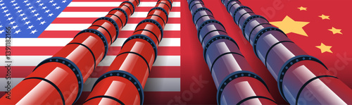 Trade war pipelines USA China flags. Concept of tariffs war with pipelines over USA and China flags depicting economic tension. Vibrant colors digital art