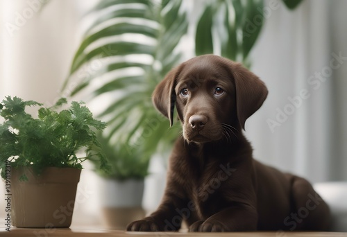 chocolate labrador retriever puppy overturned houseplant home
