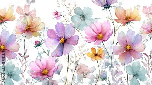 Beautiful seamless floral water color pattern Set, watercolor wild flowers, leaves and grass.