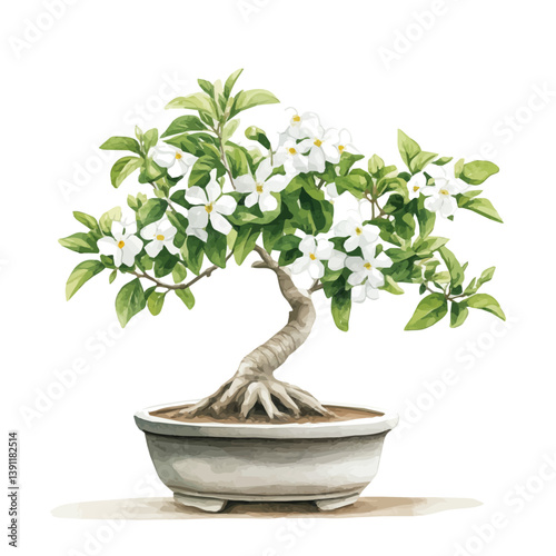 Jasmine Bonsai, watercolor illustration, isolated on a white background.

