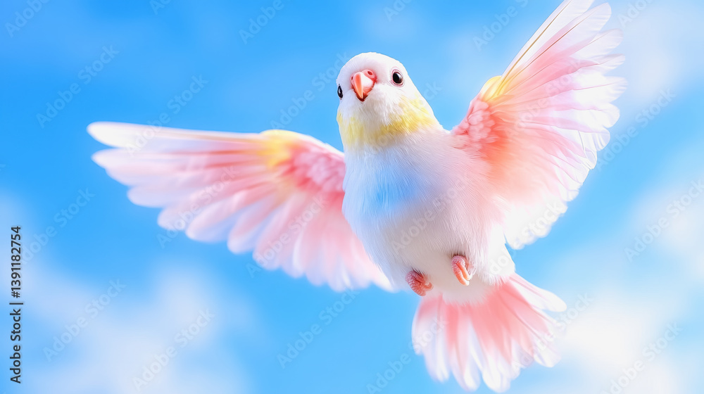 Obraz premium Charming 3d hummingbird flying gracefully through the clear blue sky with its beautiful wings outstretched for flight