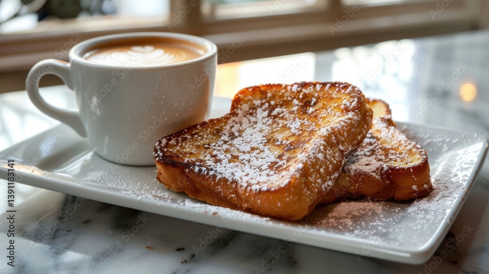 Freshly Made French Toast with Powdered Sugar and Cappuccino
