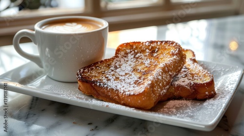 Obraz na płótnie Freshly Made French Toast with Powdered Sugar and Cappuccino w salonie