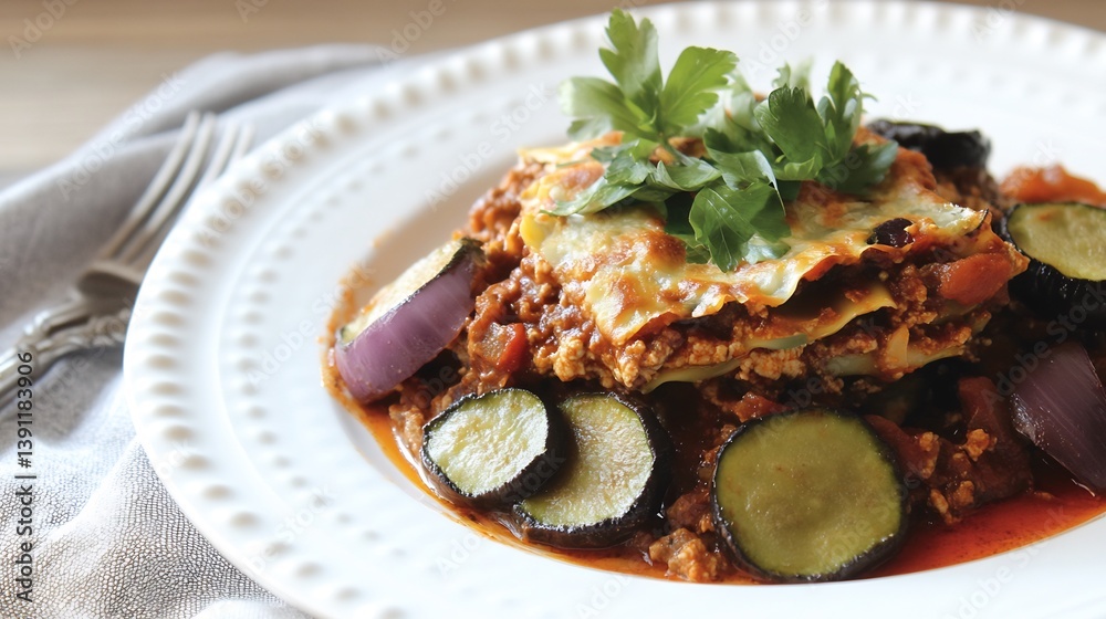 Clean white plate of moussaka with visible layers and garnishes Clean white plate of moussaka with visible layers and garnishes