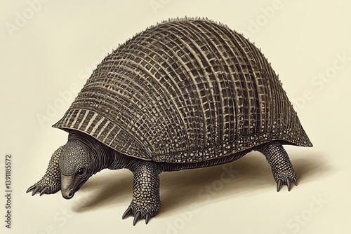 A detailed illustration depicts a large armadillo walking on a surface