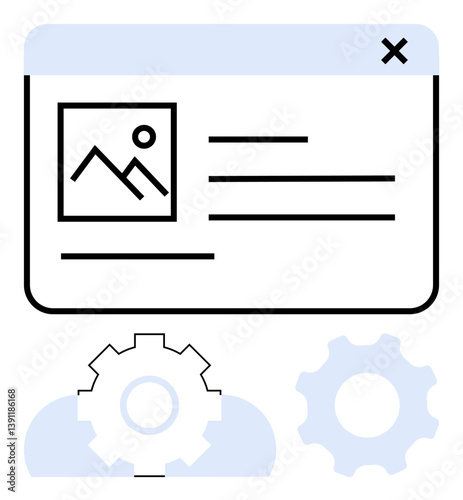 Minimalistic webpage outline with image placeholder, text lines, two gears, and cloud. Ideal for design, website setup, user interface, coding development optimization and innovation. Clean flat