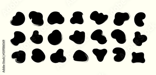 Vector hand-drawn black organic blots. Free form grungy round liquid shapes. Set of amoeba-shaped grunge brush texture blots. Isolated hand-painted irregular rounded design elements