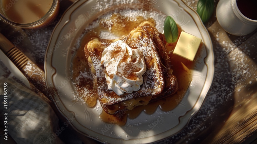 French Toast with Syrup and Whipped Cream on a Plate
