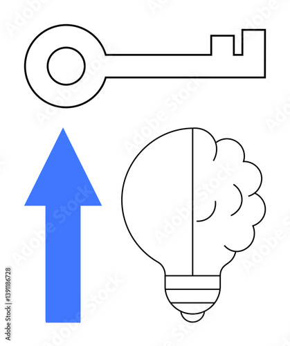 Key symbolizes access, arrow signifies progress, brain-lightbulb combo highlights innovation and creativity. Ideal for strategy, success, progress, innovation, ideas problem-solving knowledge. Flat