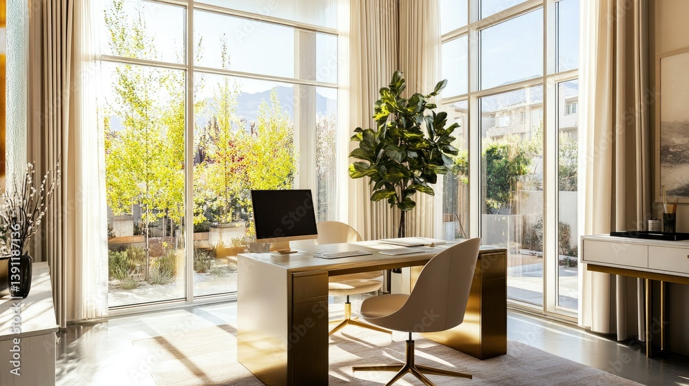 Fototapeta premium Modern Home Office with Stunning Garden View