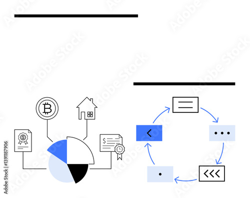 Pie chart links asset types thumbs up cryptocurrency, real estate, documents, and certificates. Adjacent process flow with directional arrows shows systematic management. Ideal for finance, planning
