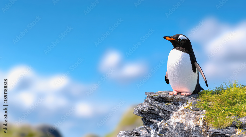 Fototapeta premium Delightful 3d rockhopper penguin perched on a rock showcasing its distinctive features and natural habitat environment