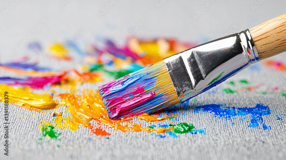 Fototapeta premium Paintbrush with Colorful Acrylic Paints on Canvas Artistic Expression and Creative Color Palette