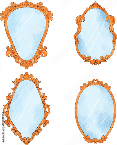 Set of vintage watercolor mirrors with ornate wooden frames and light blue glass reflections