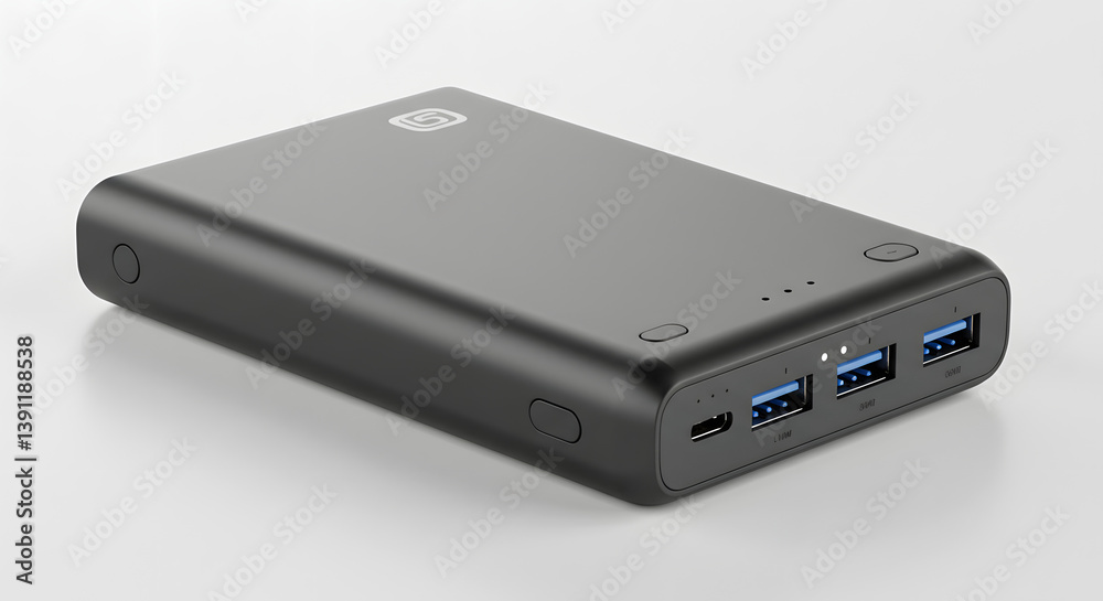Portable Black Power Bank with USB Ports on White Background Portable Black Power Bank with USB Ports on White Background
