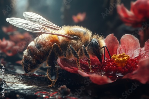 Honeybee pollinating pink flower, dark woodland background
