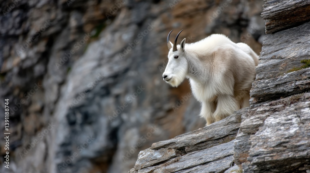 Mountain Goat Standing on Rock Ledge with Cliff Backdrop Mountain Goat Standing on Rock Ledge with Cliff Backdrop