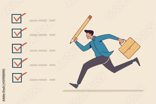 Complete task get work done, accomplish work or finish checklist, project management or good result survey, productive concept, happy businessman jumping high after completed tasks or accomplish work.