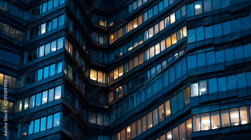 Fototapeta premium Night view of a modern building with illuminated windows creating a geometric pattern on the facade