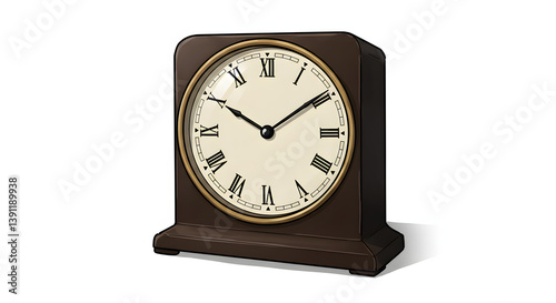 Antique Wooden Mantel Clock Telling Time Isolated on White Background