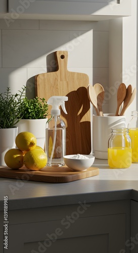 spray bottle with clear liquid, bowl of white powder, fresh lemons, green plants in pots, Eco-friendly cleaning products and ingredients sustainable cleaning solutions for a healthy home, Sunny kitche