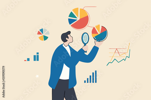 Data analysis chart and report, financial research or analyze information for marketing insight, analytics or optimization diagram, smart information, businessman analyze data with magnifying glass.