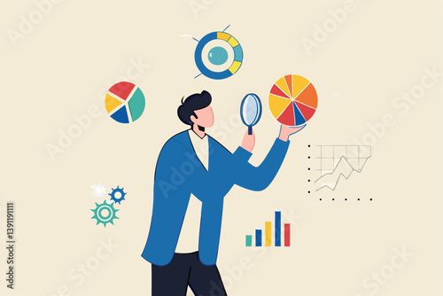 Data analysis chart and report, financial research or analyze information for marketing insight, analytics or optimization diagram, smart information, businessman analyze data with magnifying glass.