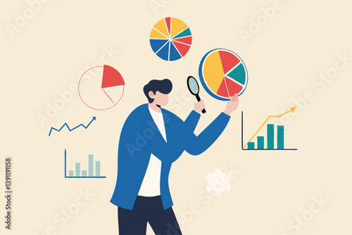 Data analysis chart and report, financial research or analyze information for marketing insight, analytics or optimization diagram, smart information, businessman analyze data with magnifying glass.