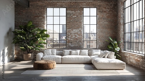 Modern loft living room with large windows and brick walls  featuring a sectional sofa  a pouf  and houseplants. Sunlight streams into the room  offering a view of a city skyline..