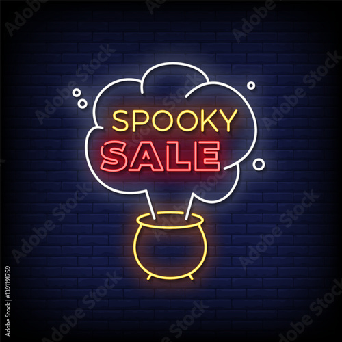 spooky sale neon sign with brick wall background vector