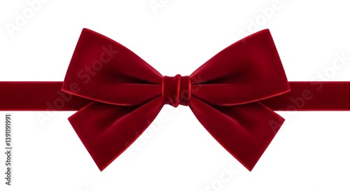 Deep red velvet bow, Elegant red velvet bow lying on a white background, elegant holiday decoration, texture, classic design, crisp edges, white background, symmetrical ribbon, festive accent, silky  photo
