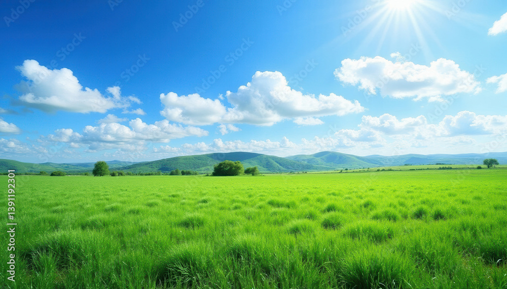 Lush green landscape under a bright blue sky with clouds Lush green landscape under a bright blue sky with clouds