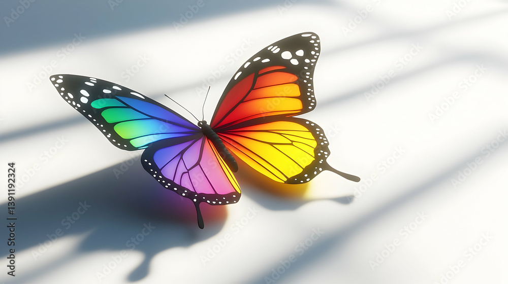 Fototapeta premium Colorful butterfly resting on a white surface with sunlight and shadows