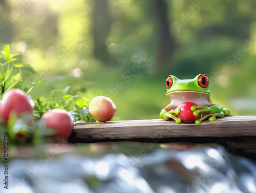 Delightful 3d illustration of a cute tree frog perched on a branch with bright green skin and playful attitude photo