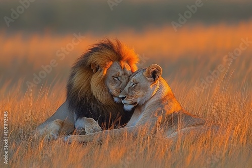A pair of lions snuggling together and taking a nap on the savannah