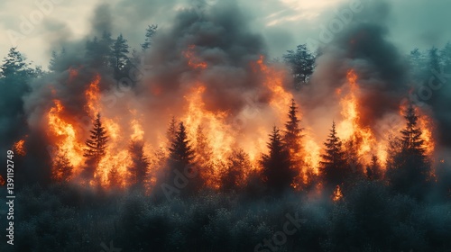 Intense wildfire engulfing a forest, creating a dramatic scene of flames and smoke.