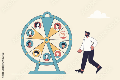 Choosing a candidate, hiring new headcount or applicants, a lucky winner staff, human resources picking new talent or laying off employees, a busine HR staff picking a candidate by a lucky draw wheel.