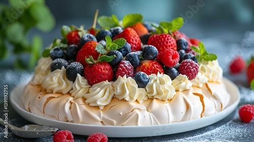 Australian pavlova meringue topped whipped cream and fresh fruits plated on white dish