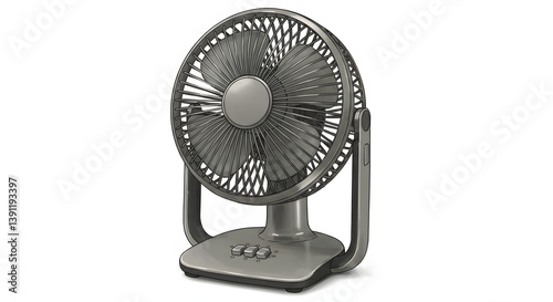 Isolated Gray Desk Fan Illustration with Three Buttons on White Background